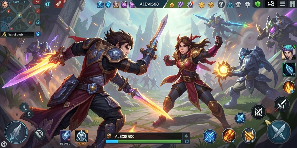 Screenshot gameplay ALEXIS500 menampilkan pertarungan seru di arena.