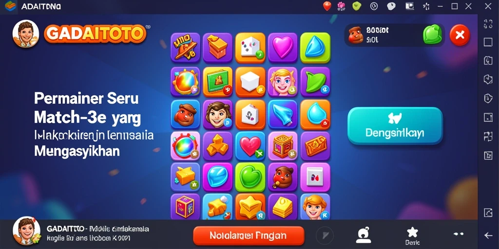 Screenshot utama GADAITOTO menampilkan gameplay Match-3 yang dinamis dan penuh warna.